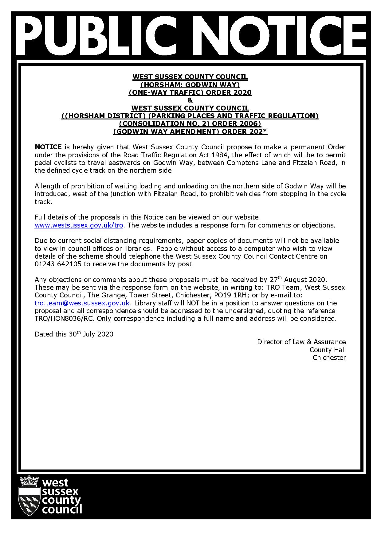Public Notice - Godwin Way one way Traffic