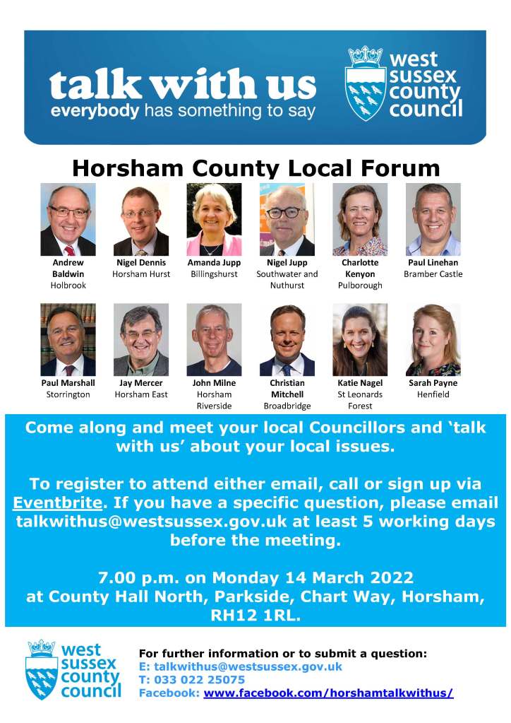 Horsham County Local Forum invitation to come and talk to your local Councillors 